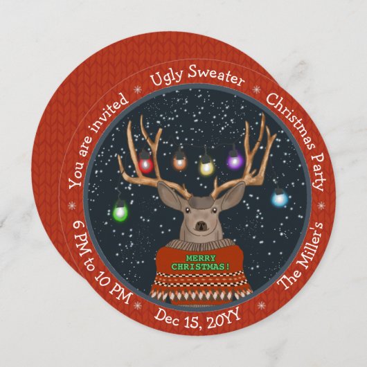 Invitation Reindeer Tangled Noël Lumières Rouge laide (Devant / Derrière)