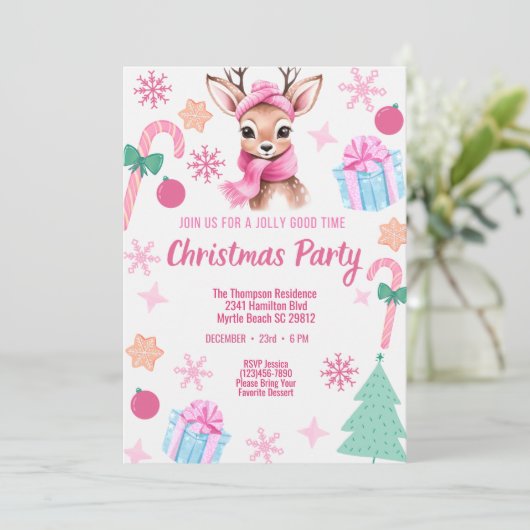 Invitation Reinder Noël Party rose (Debout devant)