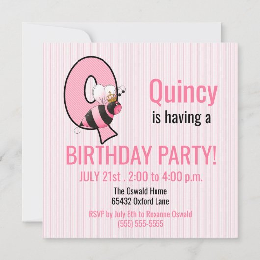 Invitation Reine Abeille Rose Lettre Q Fête d'anniversaire En (Dos)