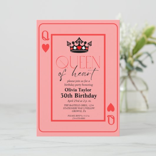 Invitation Reine de coeur fête d'anniversaire (Debout devant)