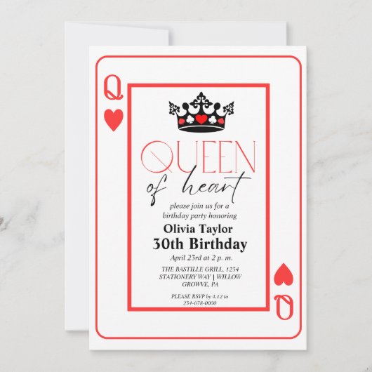 Invitation Reine de coeur fête d'anniversaire (Devant)