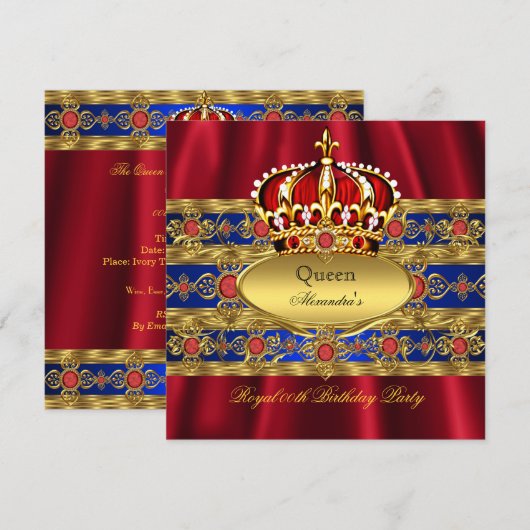 Invitation Reine King Prince Royal Blue Regal Red Crown 2 (Devant / Derrière)