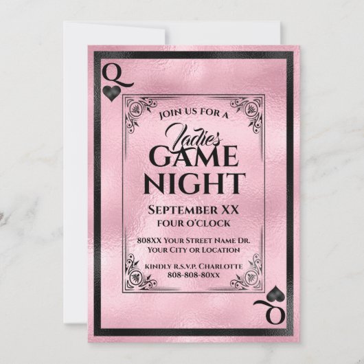 Invitation Reine Rose de cœur Soirée de Jeux entre Dames (Devant)