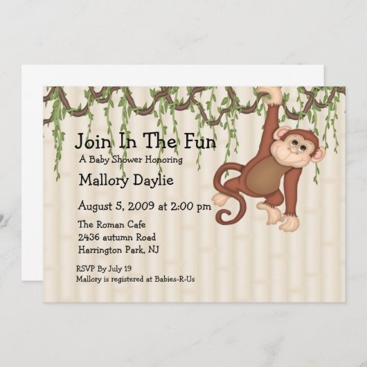 Invitation Rejoignez Le Fun Monkey Baby shower (Devant / Derrière)