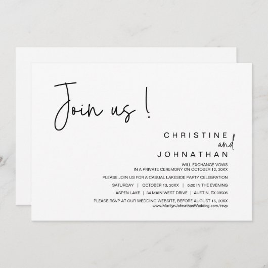 Invitation Rejoignez-Nous, Dîner Mariage Elopement, Fête, Dan (Devant / Derrière)