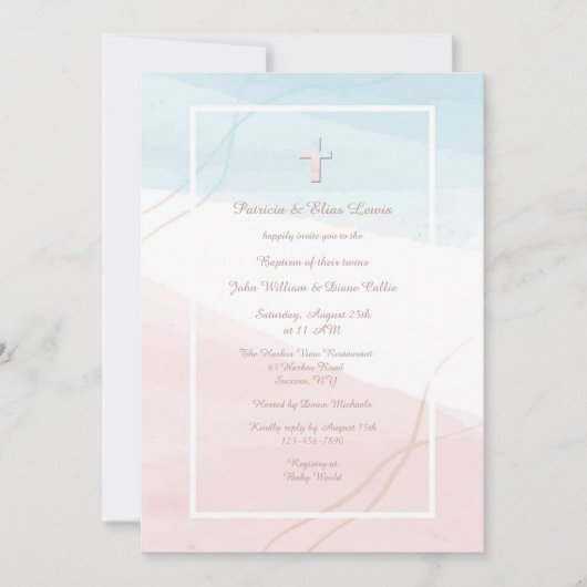 Invitation religieuse moderne bleue et rose (Devant)