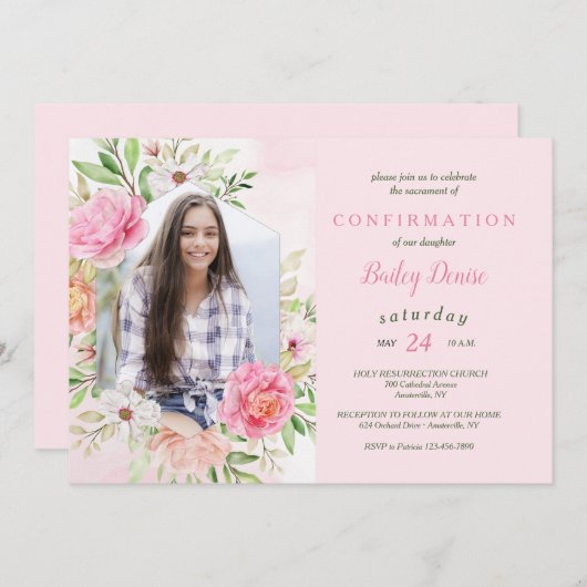 Invitation religieuse rose florale (Devant / Derrière)