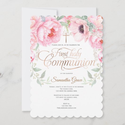 Invitation Religieux, Fleurs aquarelles, Première communion (Devant)