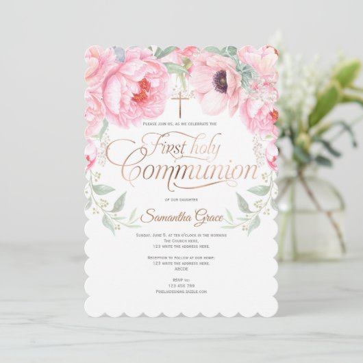 Invitation Religieux, Fleurs aquarelles, Première communion (Debout devant)