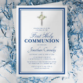 Invitation Religieux Garçon Argent Bleu Première Sainte Commu