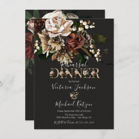 Invitation Rembrandt Floral Dark & Moody Reply Dinner (Devant / Derrière)
