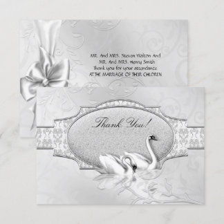 Invitation Remerciement Élégant Mariage Cygnes Blancs Argent