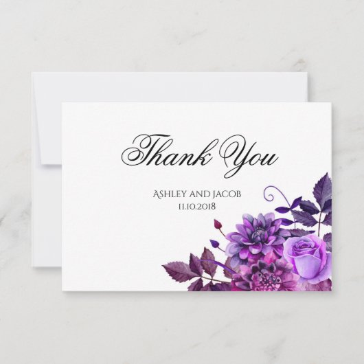 Invitation Remerciement floral. Note mariage fleurs violettes (Devant)