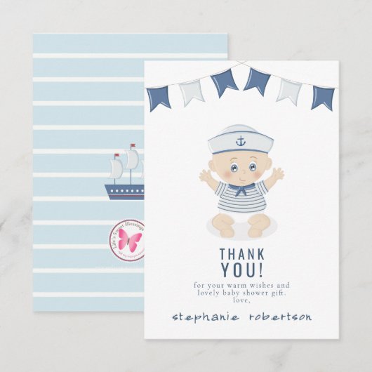 Invitation Remerciement pour Baby Shower Nautique Bébé Garçon (Devant / Derrière)
