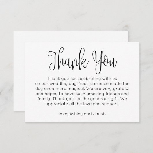 Invitation Remerciement simple. Note de mariage noir et blanc (Devant / Derrière)