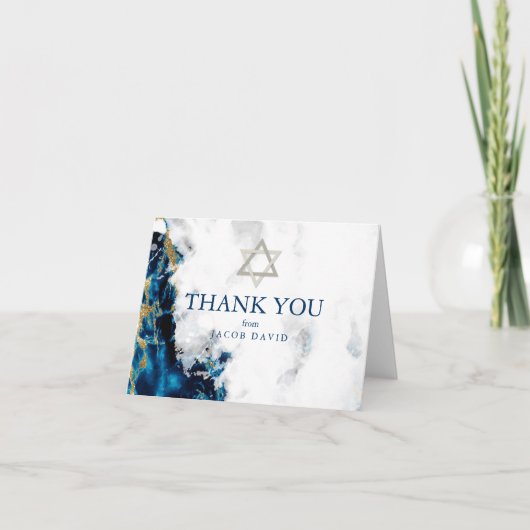Invitation Remerciements| Aquarelle Sapphire Blue Bar Mitzvah (Devant)
