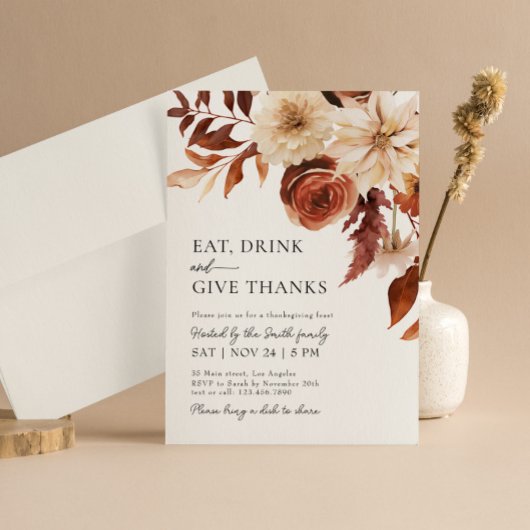 Invitation Remerciements Automne Florals Thanksgiving Dîner