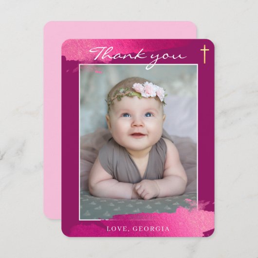 Invitation REMERCIEMENTS BAPTÊME croix en feuille d'or rose f (Devant / Derrière)