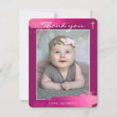 Invitation REMERCIEMENTS BAPTÊME croix en feuille d'or rose f (Devant)