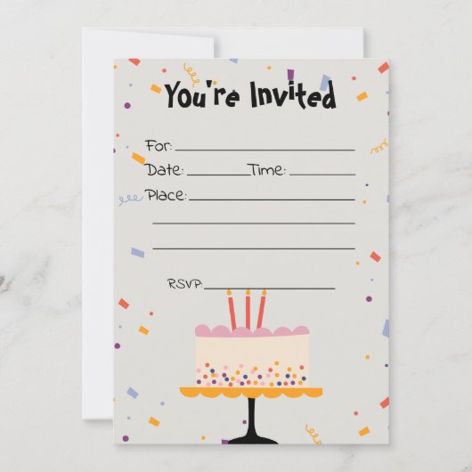 Invitation Remplir l'invitation d'anniversaire Confetti vierg (Devant)
