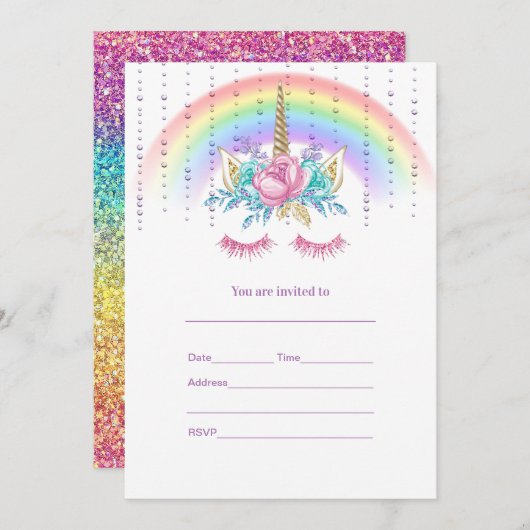 Invitation Remplir l'invitation Unicorn (Devant / Derrière)