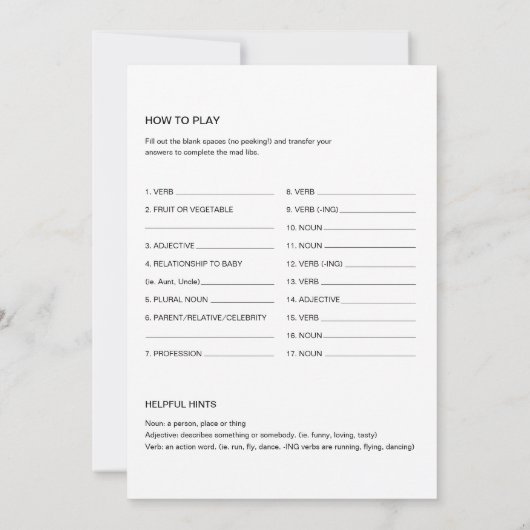 Invitation REMY Baby shower Libs Remplir dans le jeu vide 5x7 (Dos)