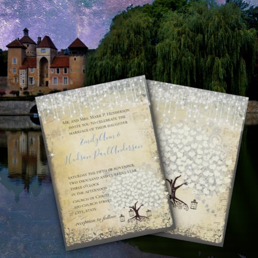 Invitation Renaissance Médiéval Bleu Cœur Feuille Arbre Maria