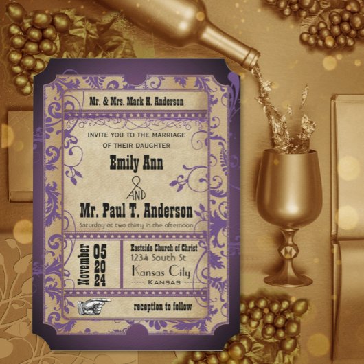 Invitation Renaissance Médiévale Ticket Mariage Violet
