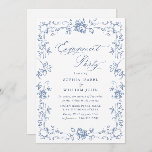 Invitation Renaissance Ornate Dusty Blue ENGAGEMENT PARTI (Devant / Derrière)