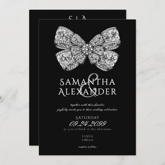 Invitation Renaissance Regency Ornate Bow AIO Mariage noir (Devant / Derrière)