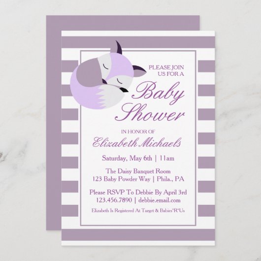 Invitation Renard Baby shower pourpre (Devant / Derrière)