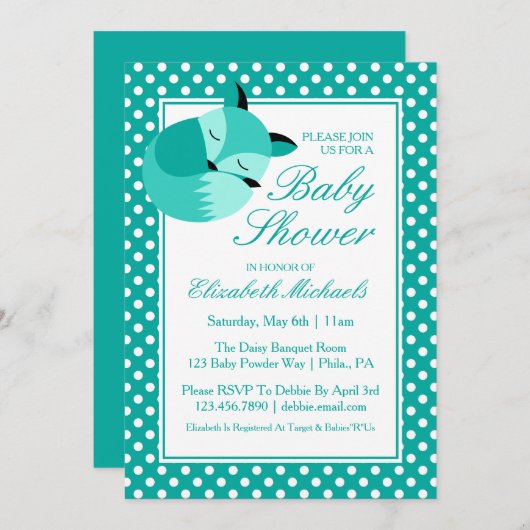 Invitation Renard Baby shower turquoise (Devant / Derrière)