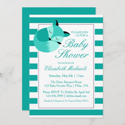 Invitation Renard Baby shower turquoise (Devant / Derrière)