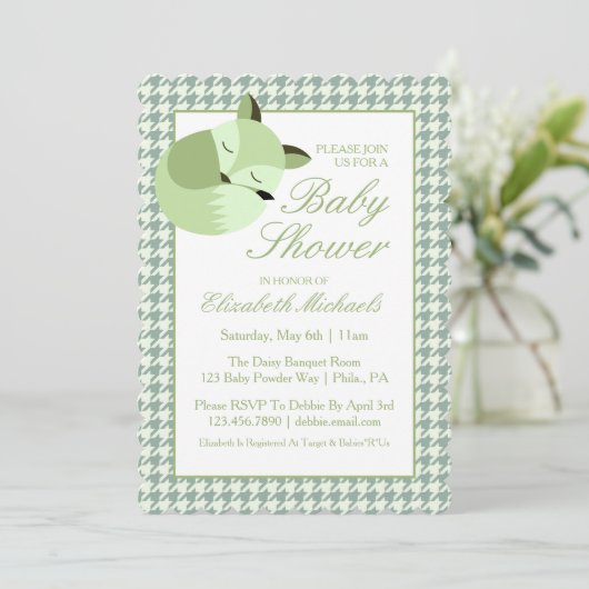 Invitation Renard Baby shower vert (Debout devant)