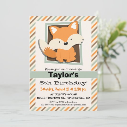 Invitation Renard boisé; Vert sage, Orange, Brown rayures (Debout devant)