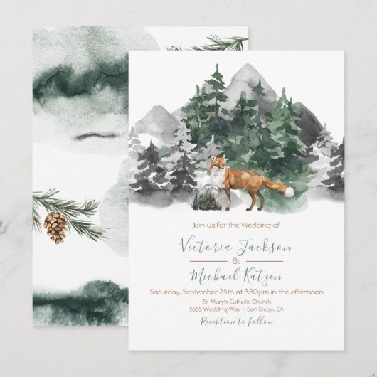 Invitation Renard des bois Aquarelle Mariage de montagne (Devant / Derrière)