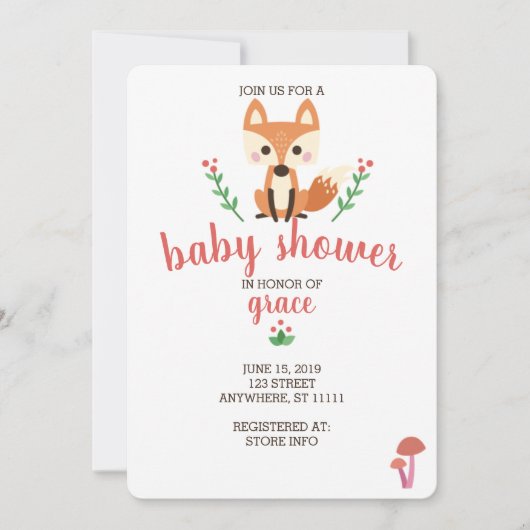 Invitation Renard des bois et Baby shower animal des forêts I (Devant)