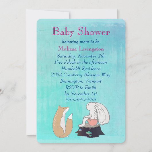 Invitation Renard et lapin Whimsical Baby shower Turquoise (Devant)