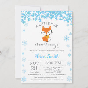 Invitation Renard Hiver Bleu Garçon Baby Shower Flocon de Nei