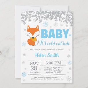 Invitation Renard Hiver Bleu Garçon Baby Shower Flocon de Nei