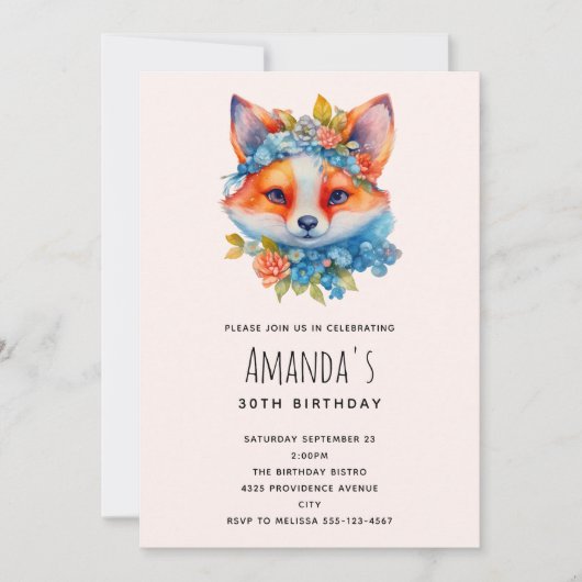Invitation Renard mignon avec couronne florale Anniversaire (Devant)