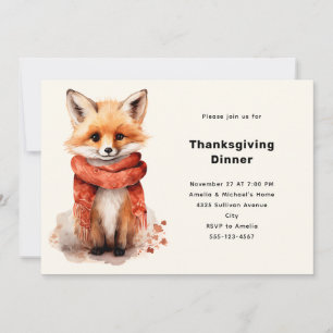 Invitation Renard mignon en écharpe rouge au dîner de Thanksg
