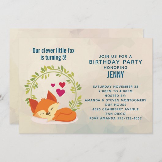 Invitation Renard orange mignon, Coeurs rouges et Wreath Anni (Devant / Derrière)