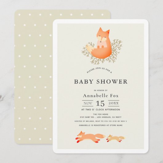 Invitation Renard sur Branche Baby shower beige (Devant / Derrière)