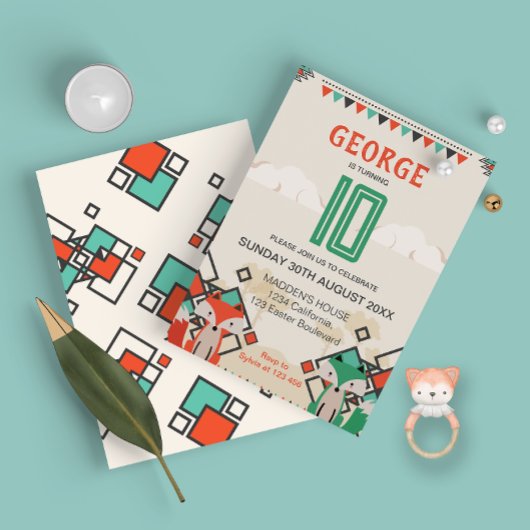 Invitation Renard tribal, Formes géométriques colorées Annive