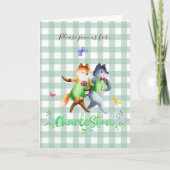 Invitation Renards mignons de la forêt Gingham vert 1er Anniv (Devant)