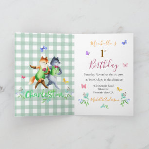 Invitation Renards mignons de la forêt Gingham vert 1er Anniv