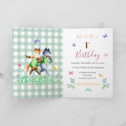 Invitation Renards mignons de la forêt Gingham vert 1er Anniv (Intérieur)