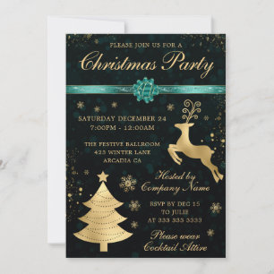 Invitation Renne et arbre sarcelle et or Soirée de Noël