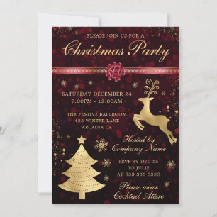 Invitation Renne et Sapin Rouge et Or Soirée de Noël
